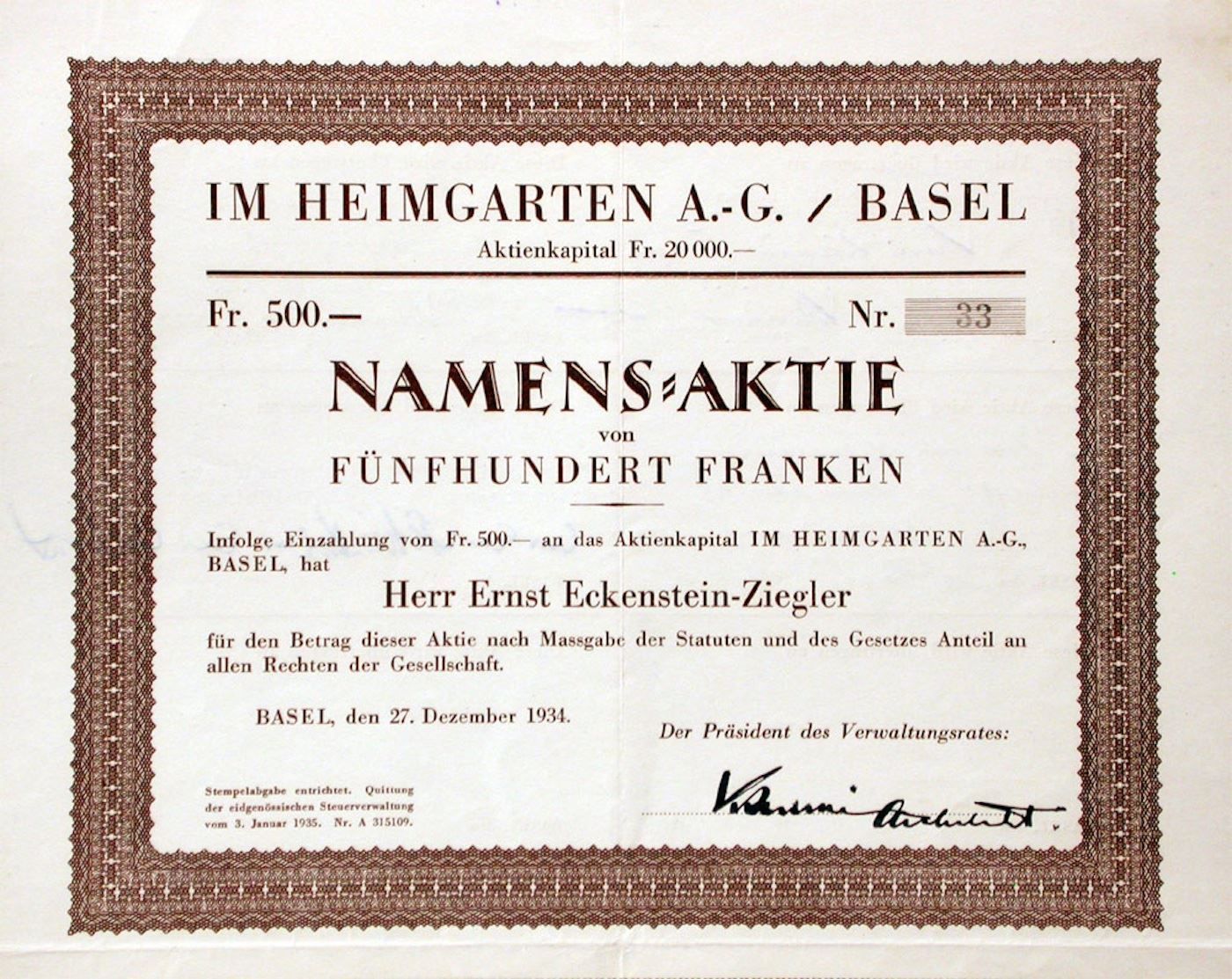 Documenti: Im Heimgarten AG, Basel - 1934 – Usato da Solothurn venduto da Sgasche