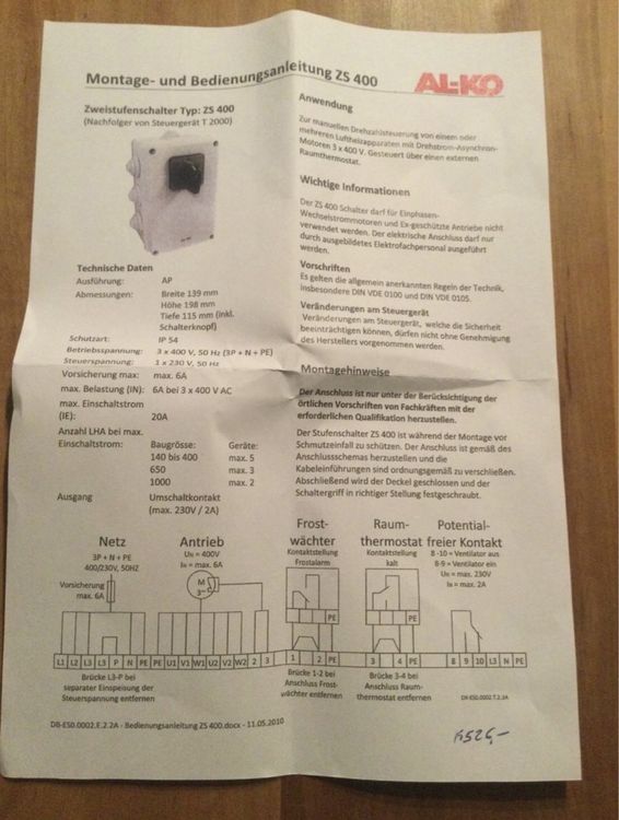 AL KO Zweistufenschalter ZS 400 Lüftersteuerung Neu (Neu und