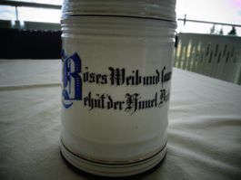 Alter Bierkrug mit Zinndeckel mit  Spruch
