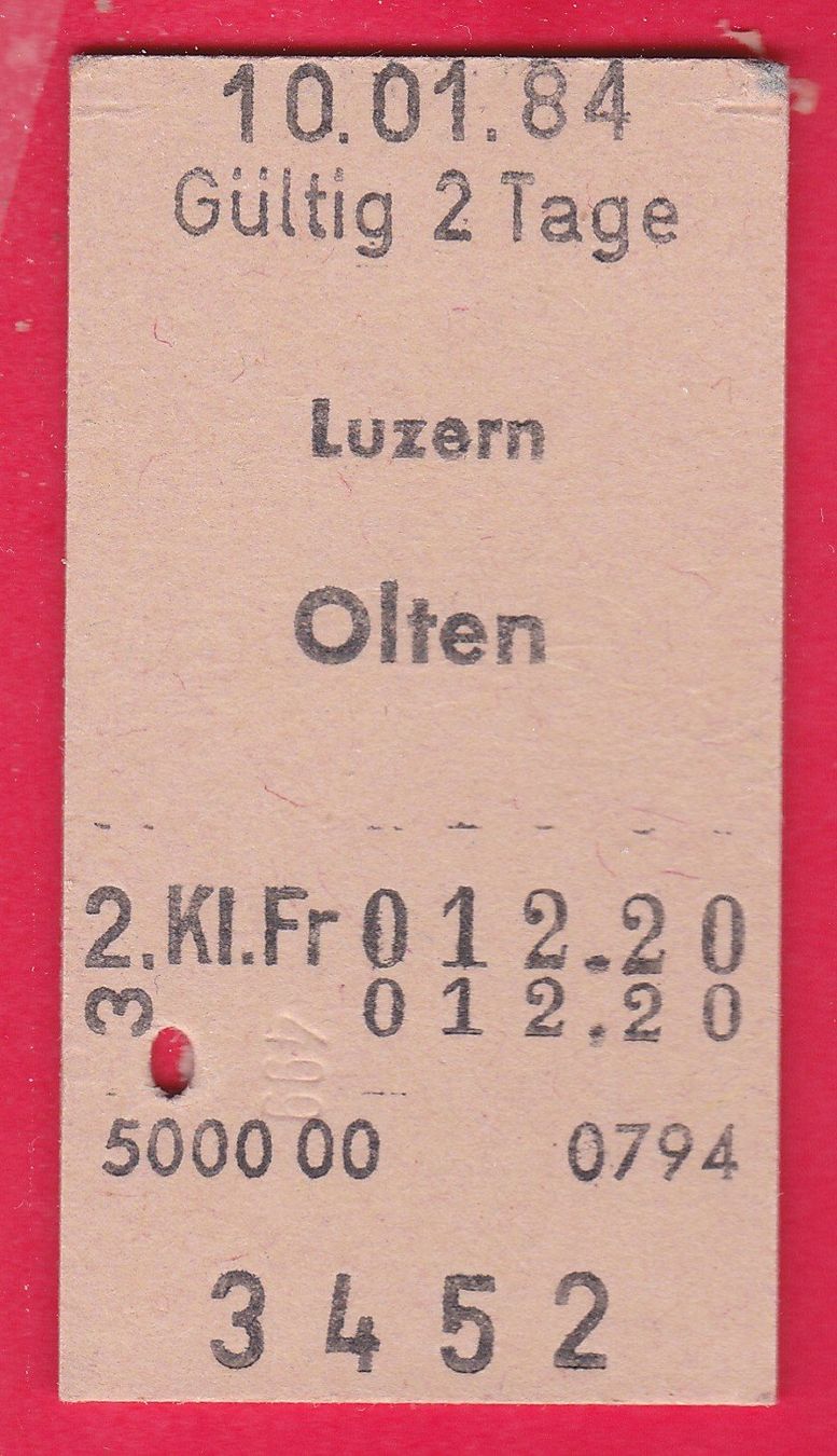 Biglietti: KARTON BILLETT, LUZERN - OLTEN, 2.KLASSE, EINFACH – Usato da Oberrieden venduto da Gebirgsstelze
