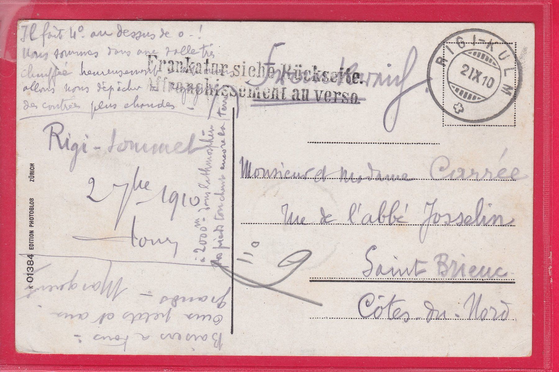 Cartoline postali: RIGI-KULM - NEBELMEER, 21.10.1910 – Usato da Oberrieden venduto da Gebirgsstelze 1