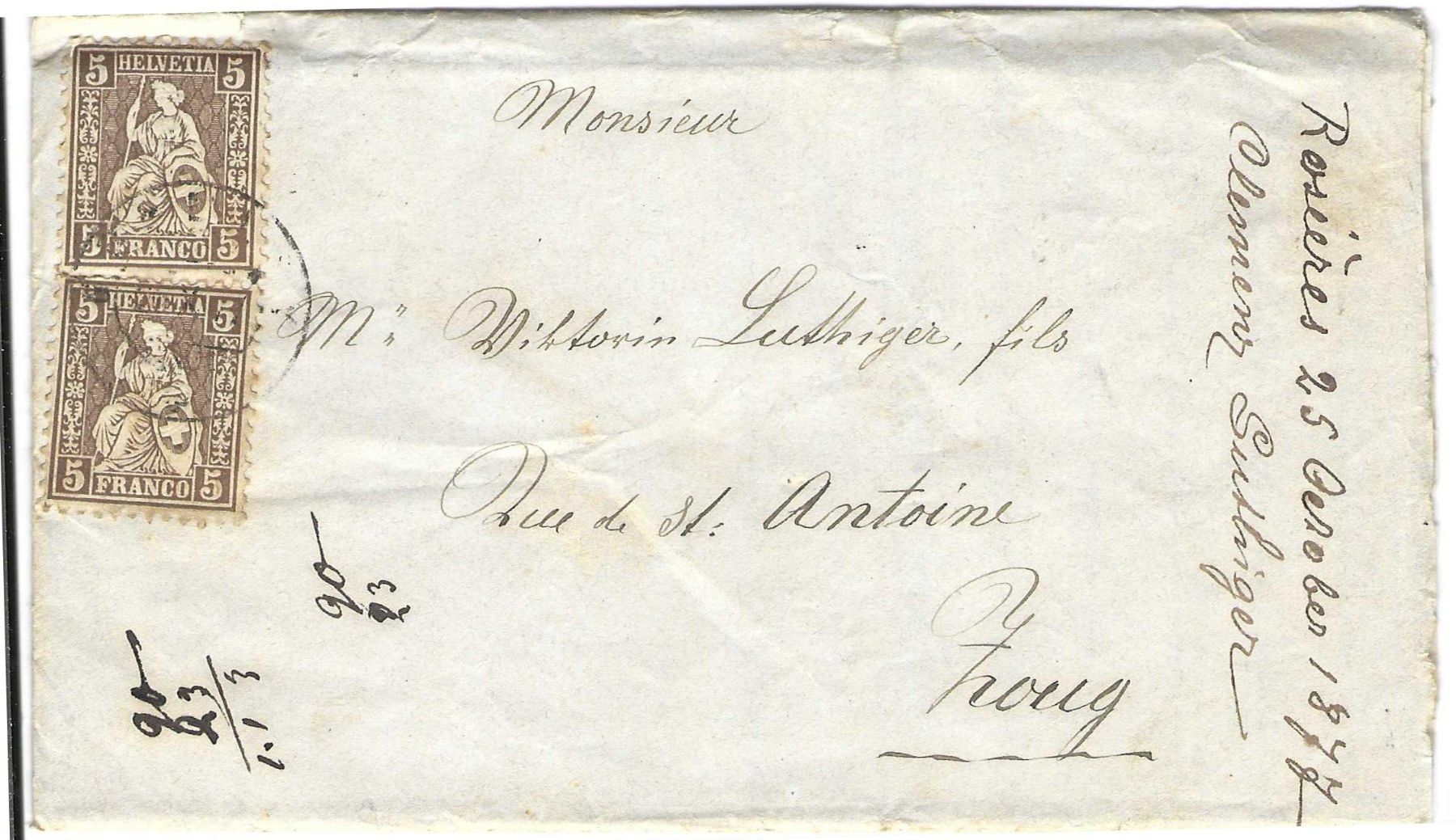 Tutti i francobolli: Brief Rosières - Zug 1877 – Usato da Wildhaus venduto da Brunphil