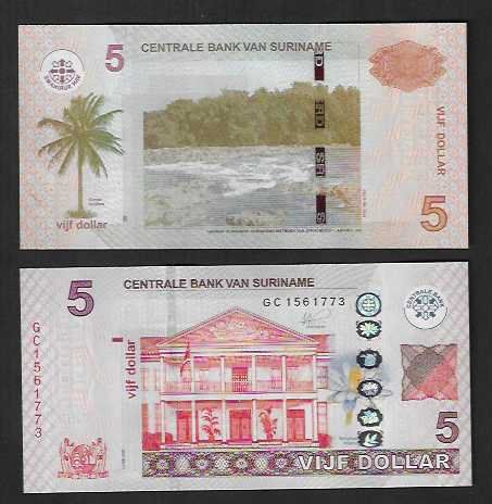 Banknoten: Suriname   5  Dollar  Bankfrisch – Neu (gemäss Beschreibung) aus Gordola von coinsandnotes