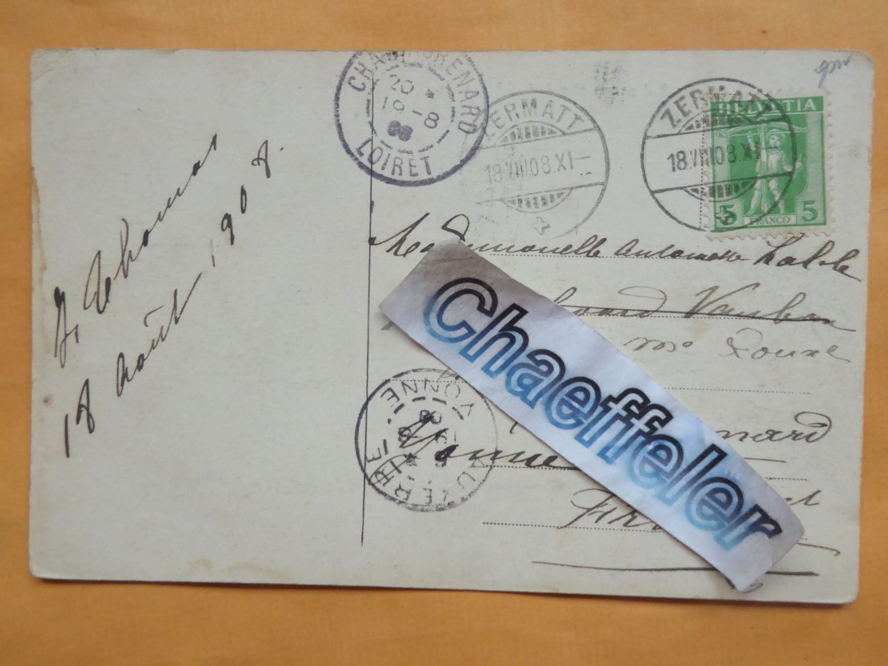 Cartoline postali: 1908 Zermatter Tal gegen Mischabelhörner – Usato da Zürich venduto da Chaeffeler 1