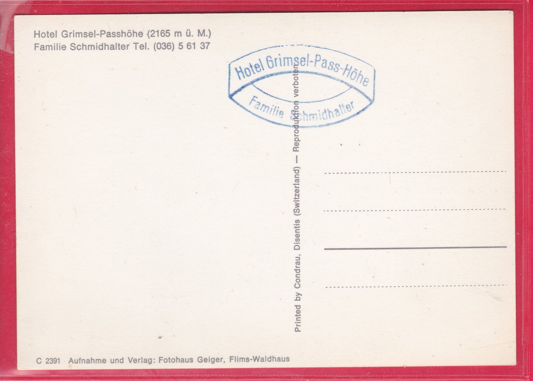Cartoline postali: HOTEL GRIMSEL PASSHÖHE 2165m – Usato da Oberrieden venduto da Gebirgsstelze 1