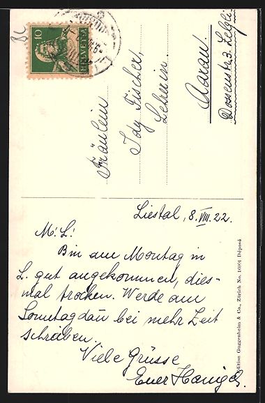 Ansichtskarten: AK Liestal, Obertor, Aussenansicht, 1922 – Gebraucht aus Berlin von bartko-reher 1