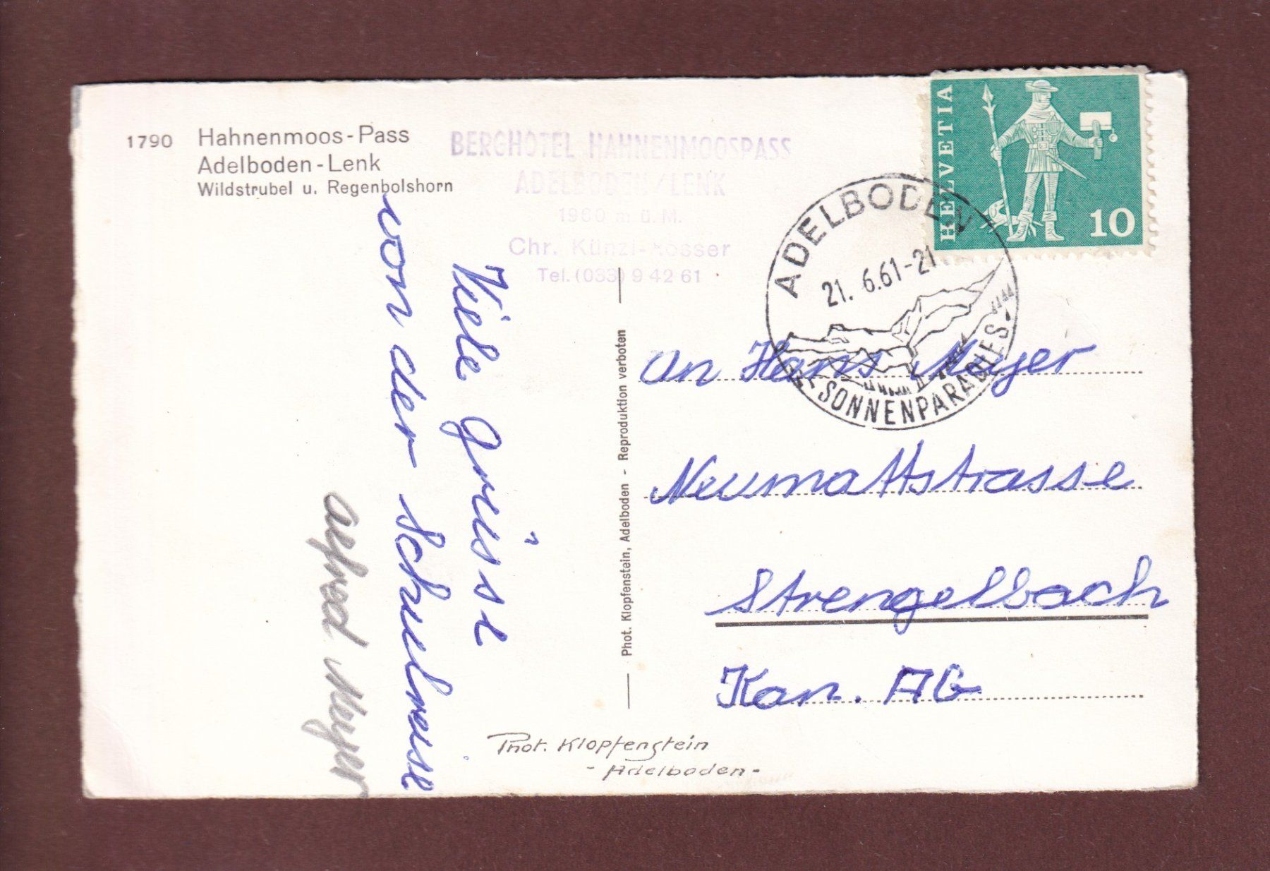 Cartoline postali: HAHNENMOOS-PASS - 1961 – Usato da Pully venduto da nicecards 1