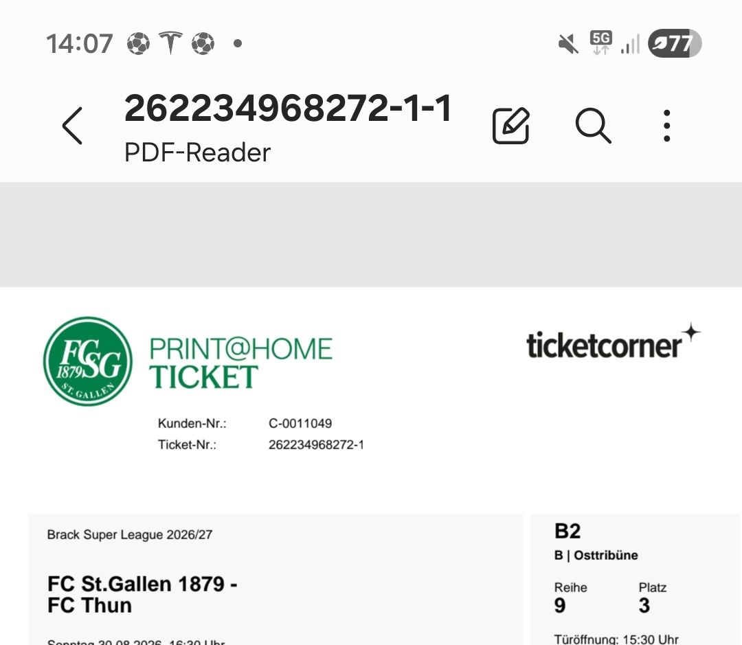 Tickets: FC SG Ticket B2 gegen Thun – Neu und originalverpackt aus Engelburg von Thomas970