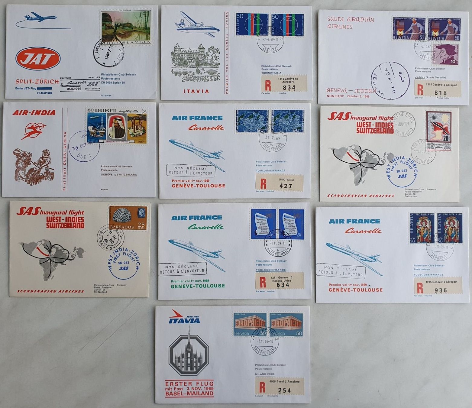 Alle Briefmarken: 10 Erstflüge 1969 – Gebraucht aus Fislisbach von Zigzag12