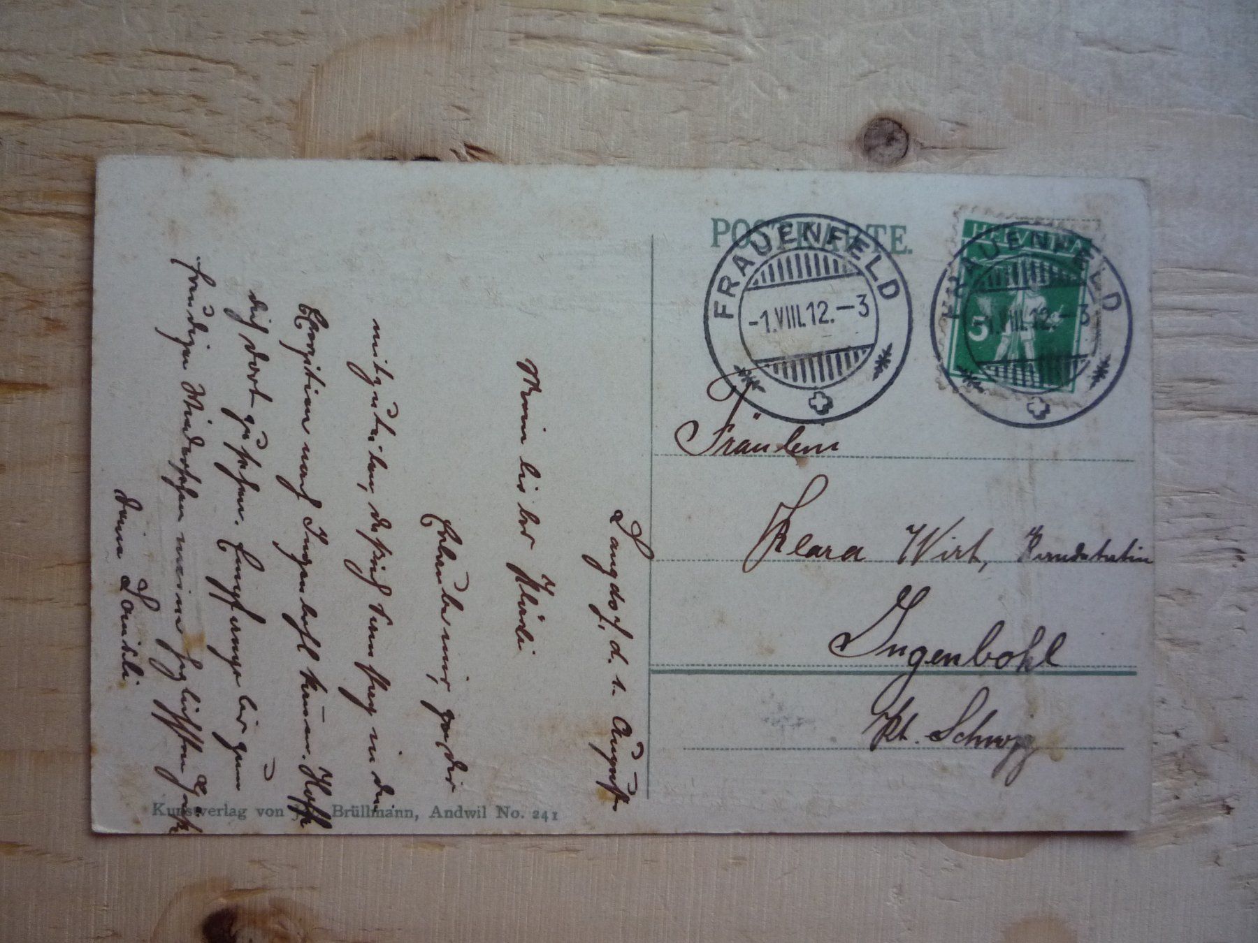 Ansichtskarten: Frauenfeld, 1.VIII.12 – Gebraucht aus Rieden SG von Brockehuesli 2