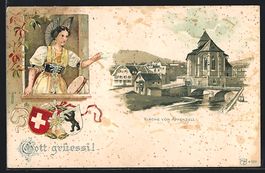 Litho Appenzell, Blick zur Kirche, Frau 