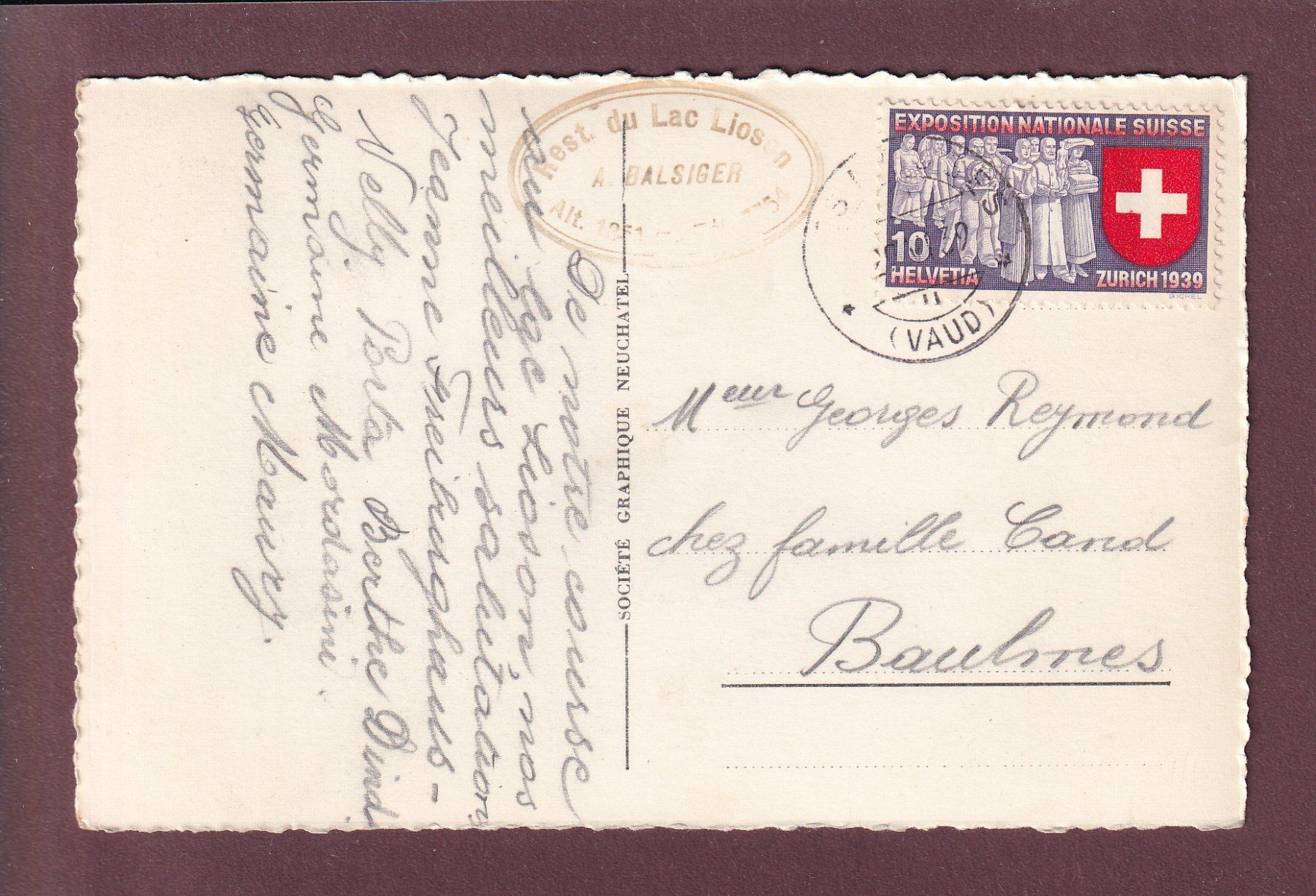 Cartoline postali: LAC LIOSON - 1939 – Usato da Pully venduto da nicecards 1