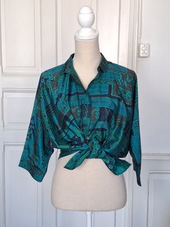 Vintage Bluse, türkis-grün gemustert, Gr. L
