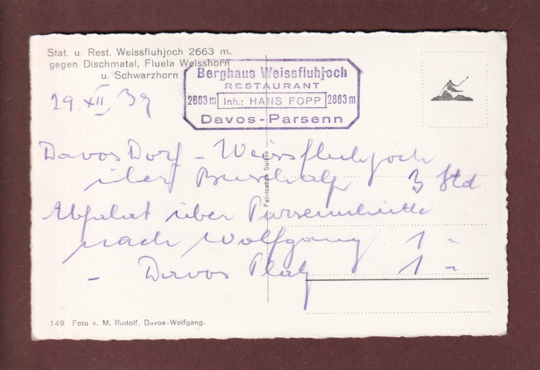 Cartoline postali: WEISSFLUHJOCH - 1939 – Usato da Pully venduto da nicecards 1