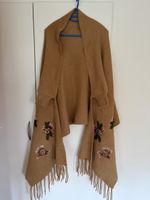 Damen Cape / Schal beige mit Blumenmuster und Fransen