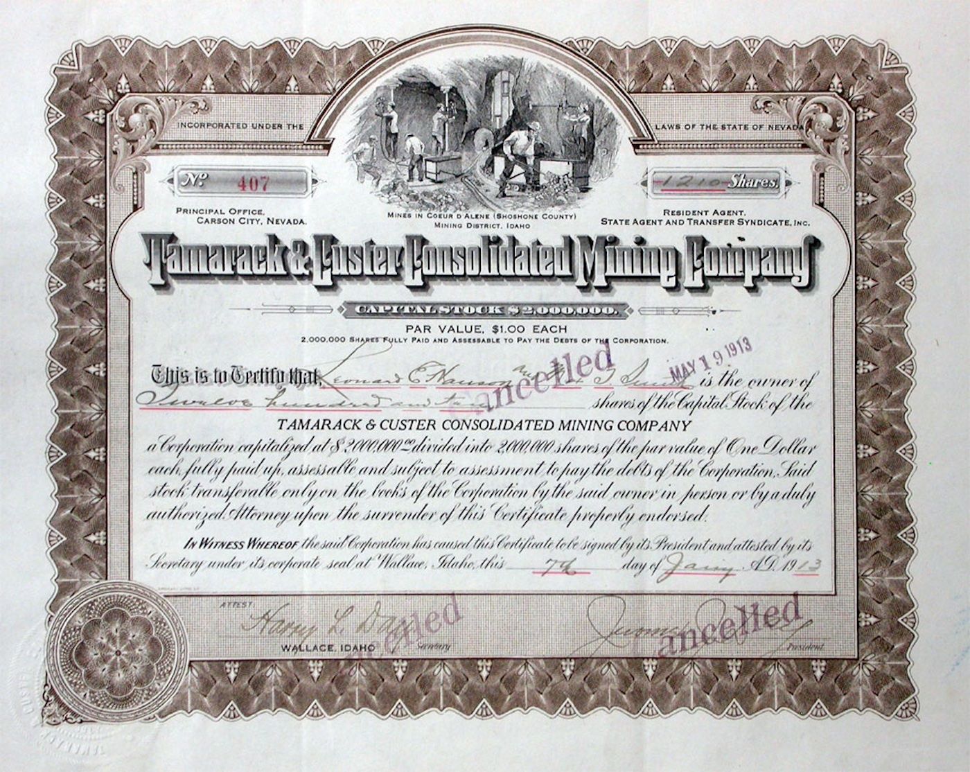 Dokumente: Tamarack & Custer Consolidated Mining Company - 1913 – Gebraucht aus Solothurn von Sgasche