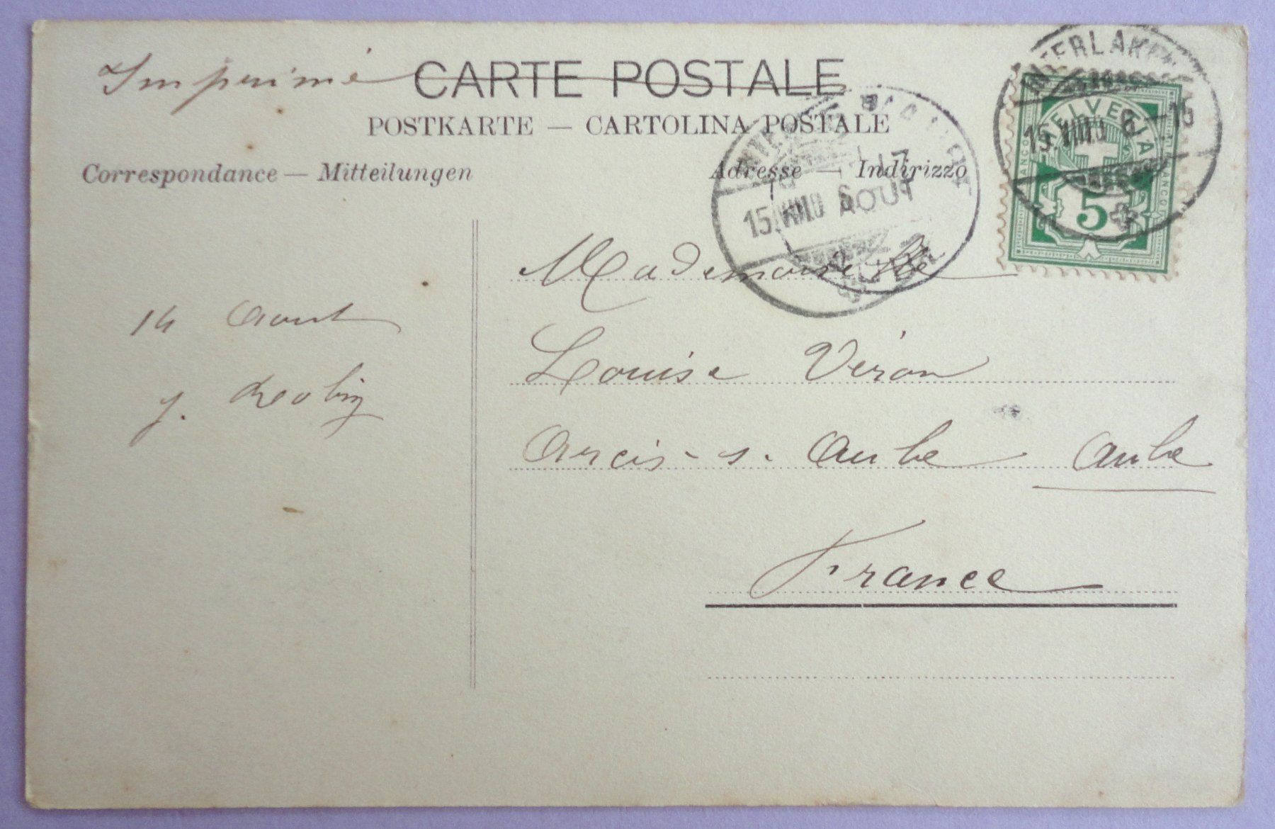 Cartoline postali: Interlaken – Usato da Fétigny venduto da Billy2miny 1