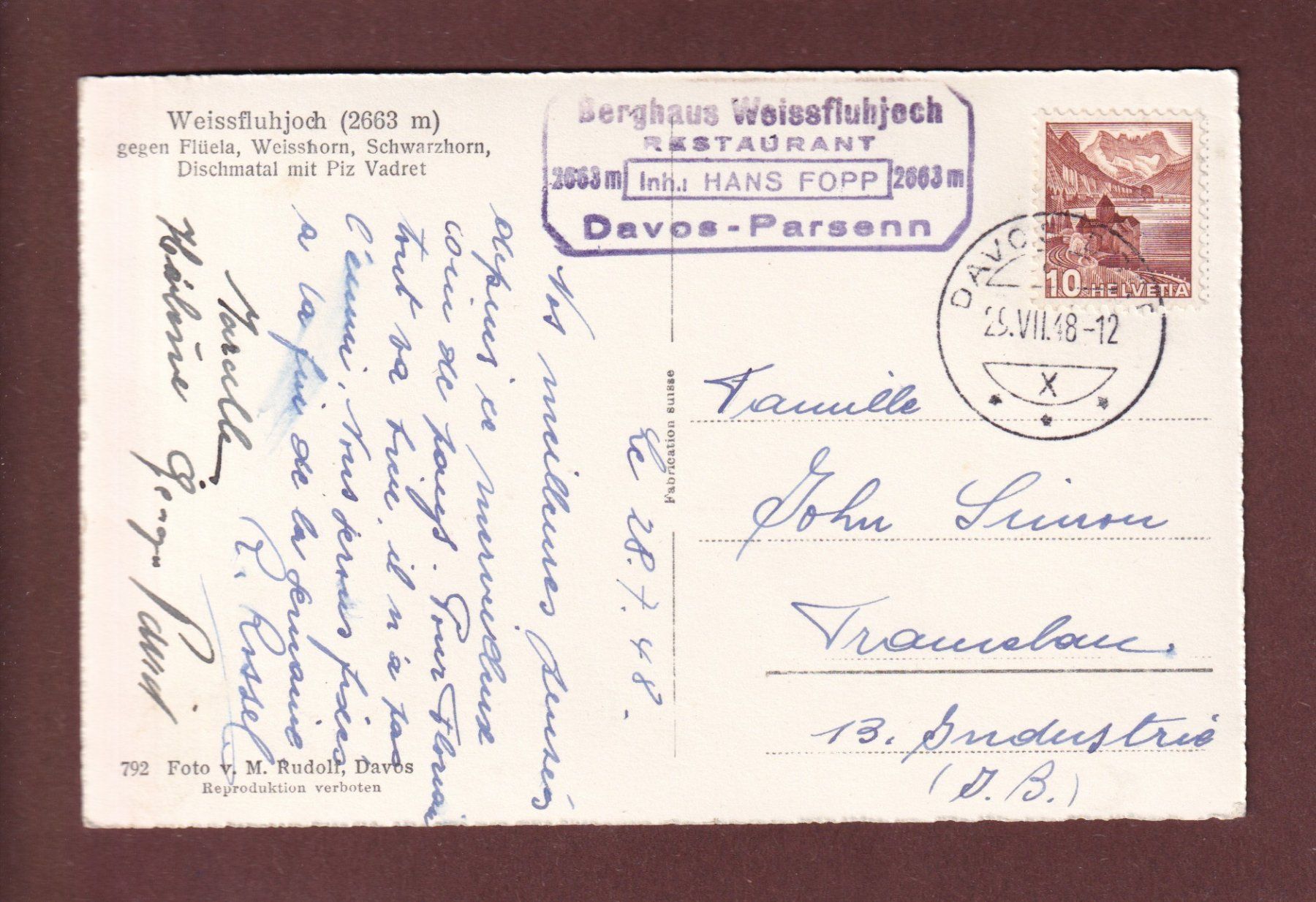 Ansichtskarten: WEISSFLUHJOCH - 1948 – Gebraucht aus Pully von nicecards-shop 1