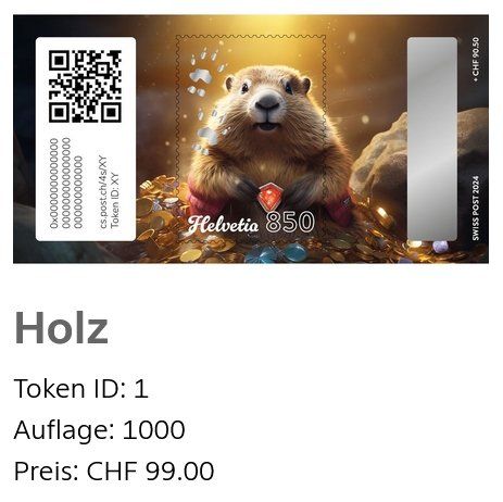 Tous les timbres: Swiss Crypto Stamp 4.0 "Marmi" Holz – Neuf avec emballage d'origine à Basel par TokenID1