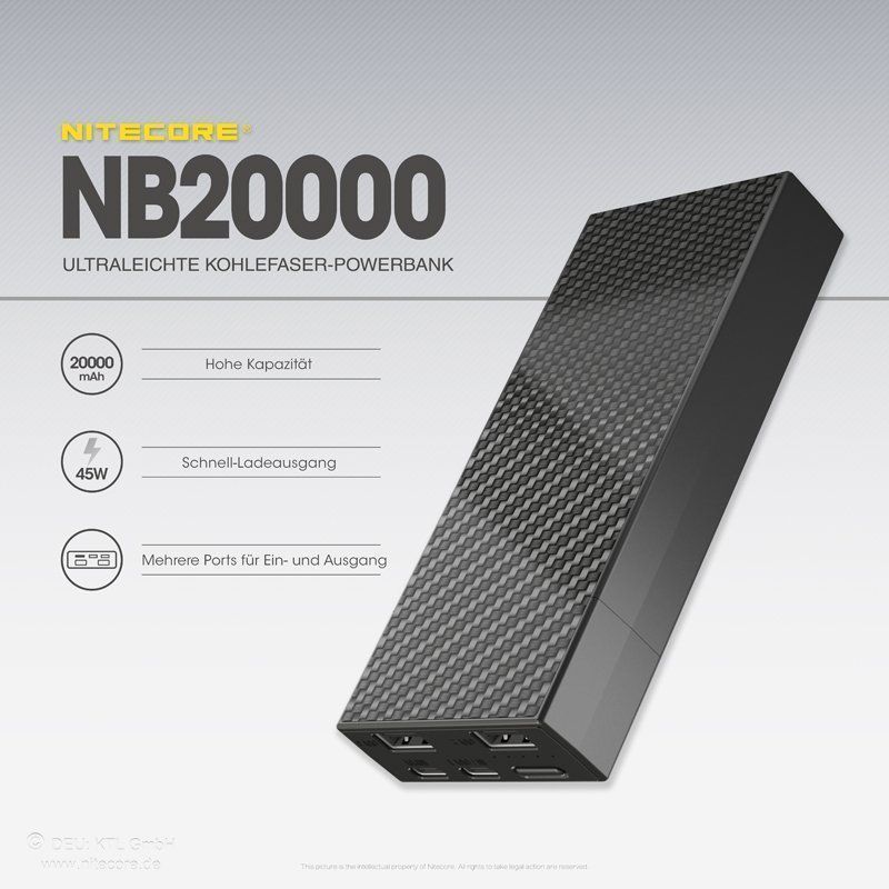Ladegeräte: superleichte NiteCore Powerbank NB20000 – Neu und originalverpackt aus Grüningen von Prolumin