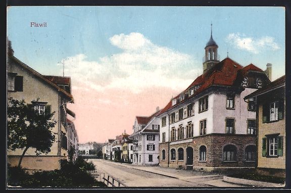 Cartoline postali: AK Flawil, Partie am Gemeindehaus, 1950 – Usato da Berlin venduto da bartko-reher