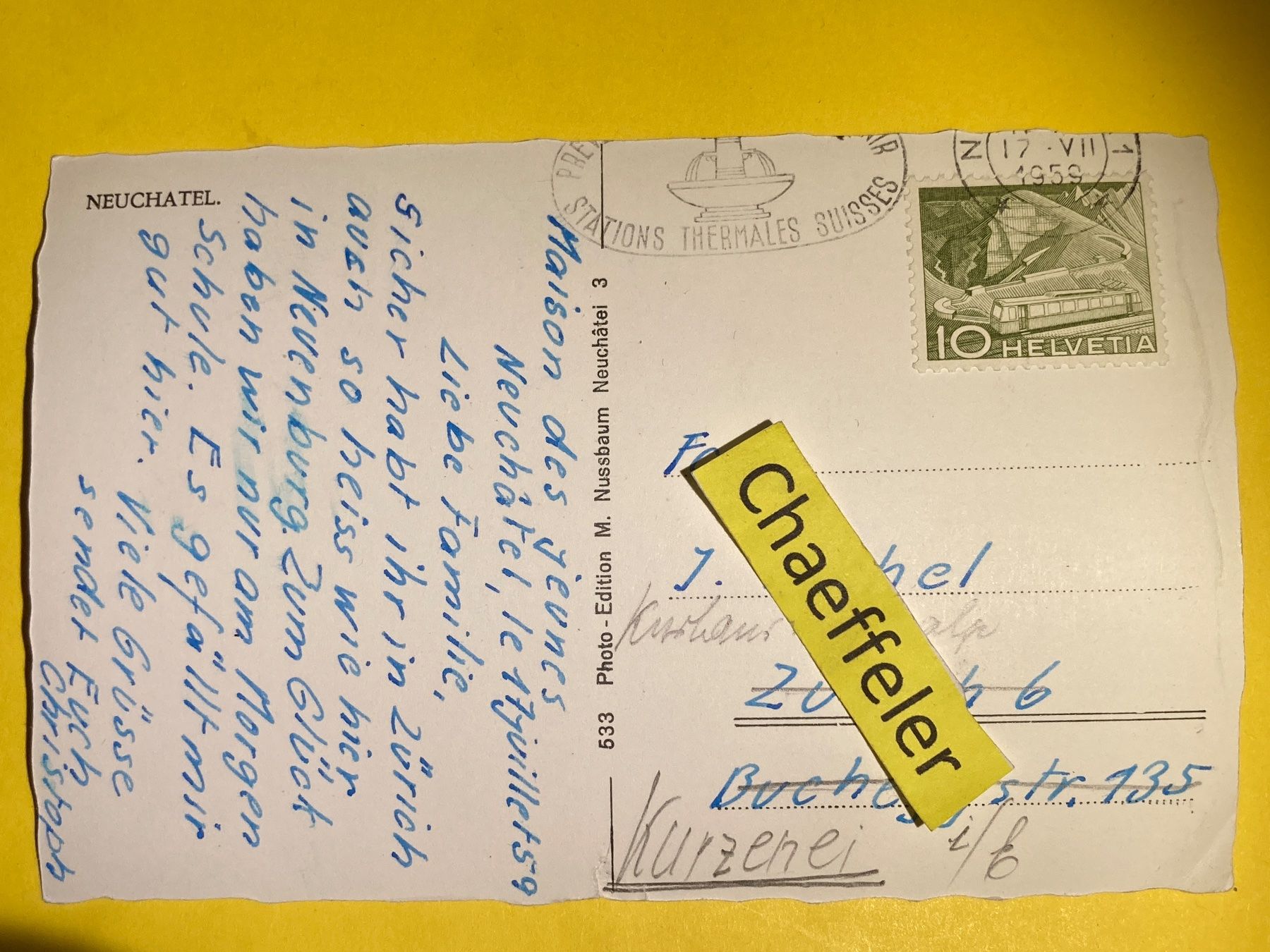 Cartoline postali: 1959 Neuchâtel – Usato da Zürich venduto da Chaeffeler 1