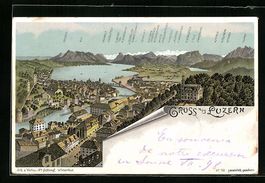 Litho Luzern, Ortsansicht mit Umgebung u