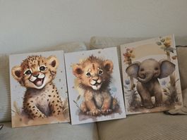 3 Leinwandbilder Tiere Set Kinderzimmer neuwertig🦁🐯🐘