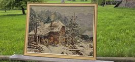 Antikes Wandbild/Gobelin, Winterlandschaft im Holzrahmen