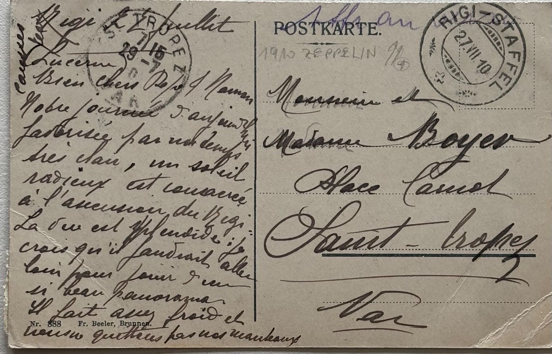 Cartoline postali: Rigi-Staffel, Zeppelin Ballon 1910 – Usato da Frauenfeld venduto da Merk52 1