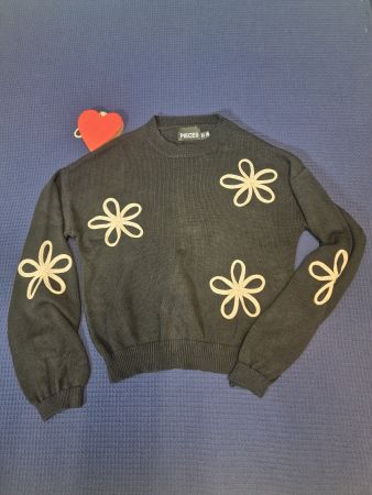 100% Baumwoll Pullover Pieces schwarz Blumenmuster Gr XS