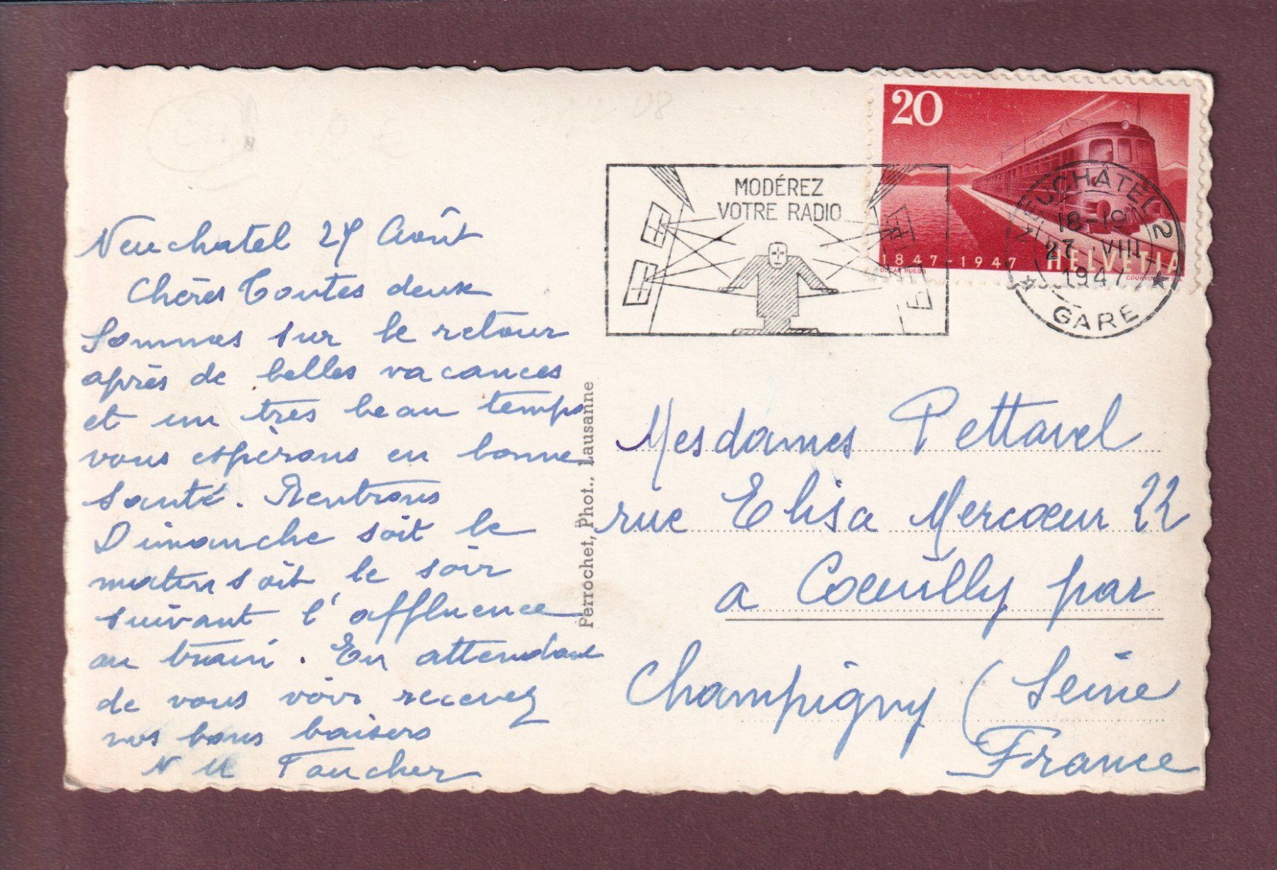 Cartoline postali: NEUCHÂTEL vu d'avion - 1947 – Usato da Pully venduto da nicecards 1
