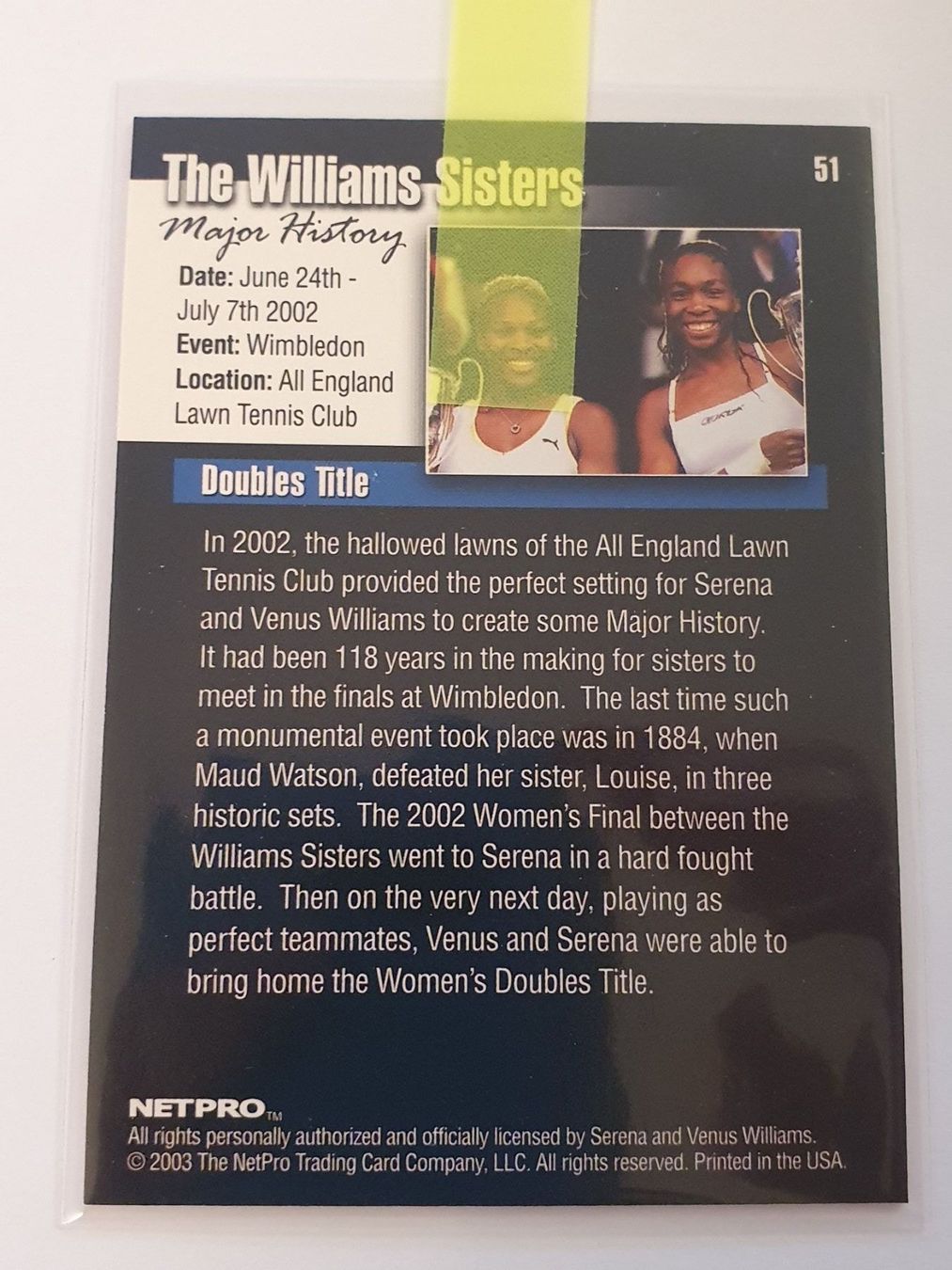 Carte collezionabili: Serena + Venus Williams 2003 Rookie – Usato da Oberdorf BL venduto da BaldenEagle 3