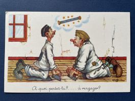 Vintage Postkarte: Zwei Maler, "A quoi penses-tu?" Humor