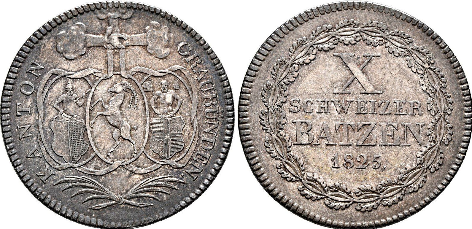 Tutti le monete: Graubünden: 10 Batzen 1825 +++ TOP +++ nur 637 Expl. – Usato da Pfungen venduto da Aguti77