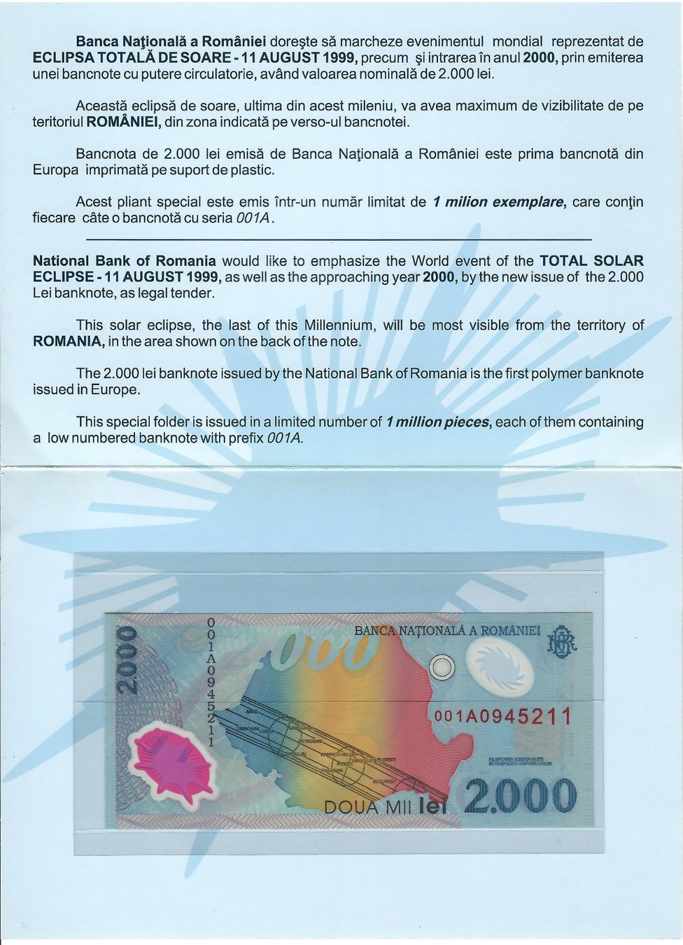 Billets de banque: ROUMANIE 2000 LEI  COLLECTOR ECLIPSE 1999  POLYMERE – Neuf avec emballage d'origine à Sonceboz-Sombeval par Simuncons 2