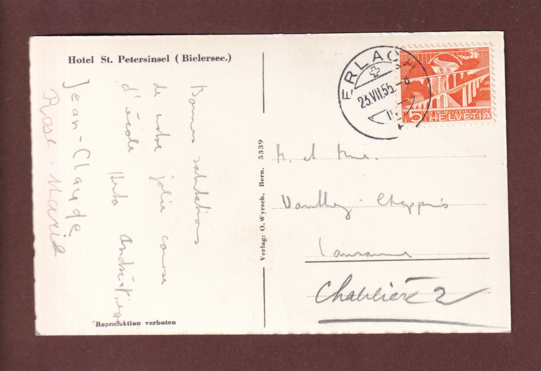 Cartoline postali: Hotel ST. PETERSINSEL - 1955 – Usato da Pully venduto da nicecards 1