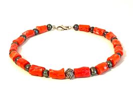 Red Coral & Black Pearl Necklace Sterling Silver