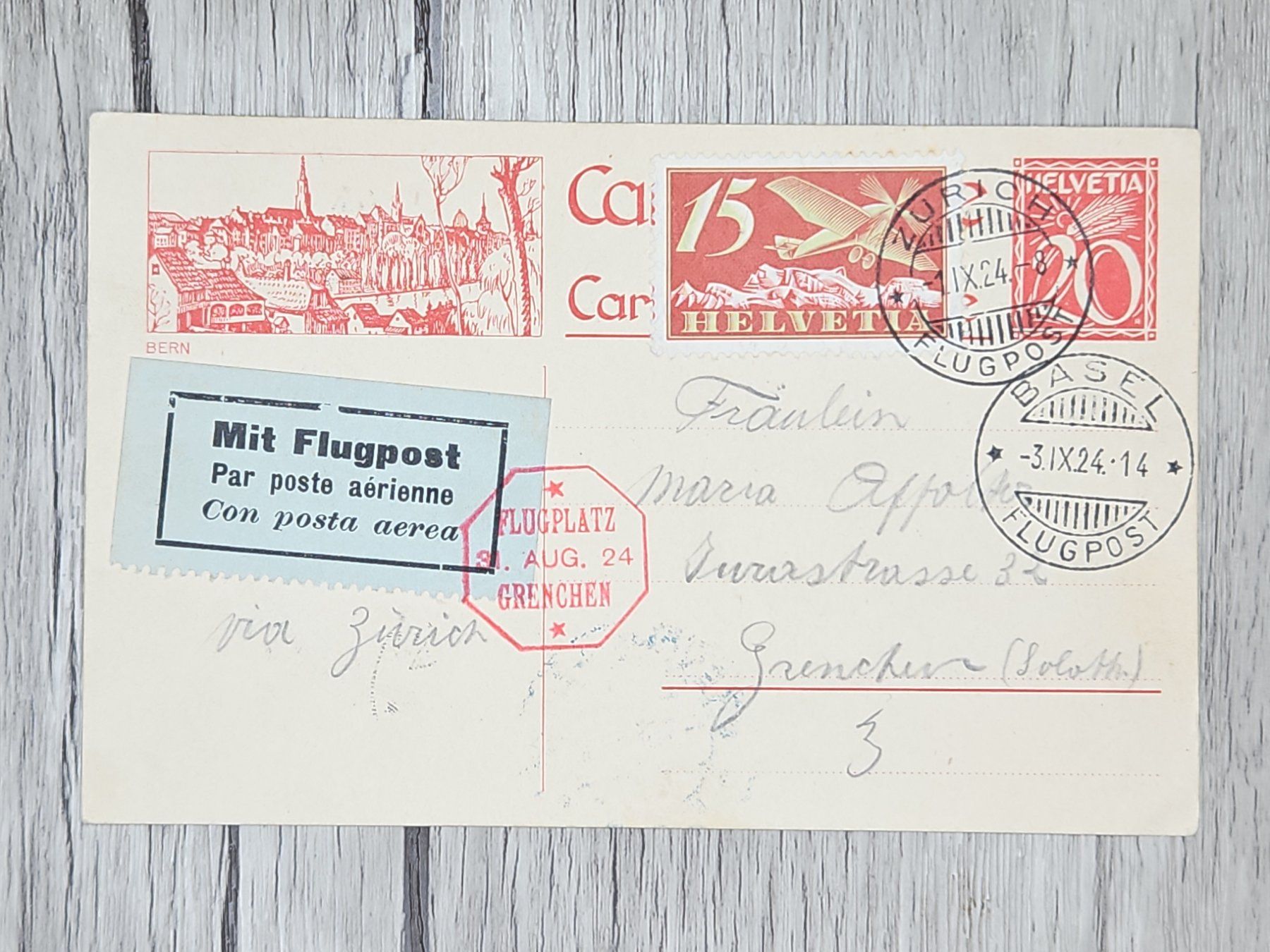 Tutti i francobolli: CL13 Carte Postale  + Timbre Suisse 1924 – Usato da Cousset venduto da Patrick_Collections
