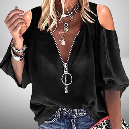 🖤 Coole Eleganz: Schulterfreie Bluse mit Zipper! 🖤💫