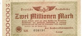 Deutsche Reichsbahn 2 Mil. Mark 23.08.1923 VZ+-VZ++