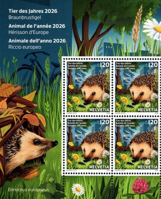 Tutti i francobolli: Viererblock  Tier des Jahres 2026 - Igel** – Nuovo (secondo la descrizione) da Dottikon venduto da haeusibuh5