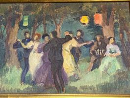 E. REYMOND Oelgemälde tanzende Menschen im Garten signiert