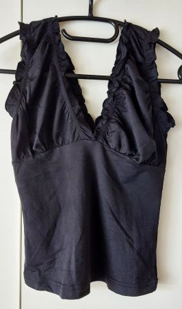 Damen Top Schwarz Grösse L Rüschen V-Ausschnitt