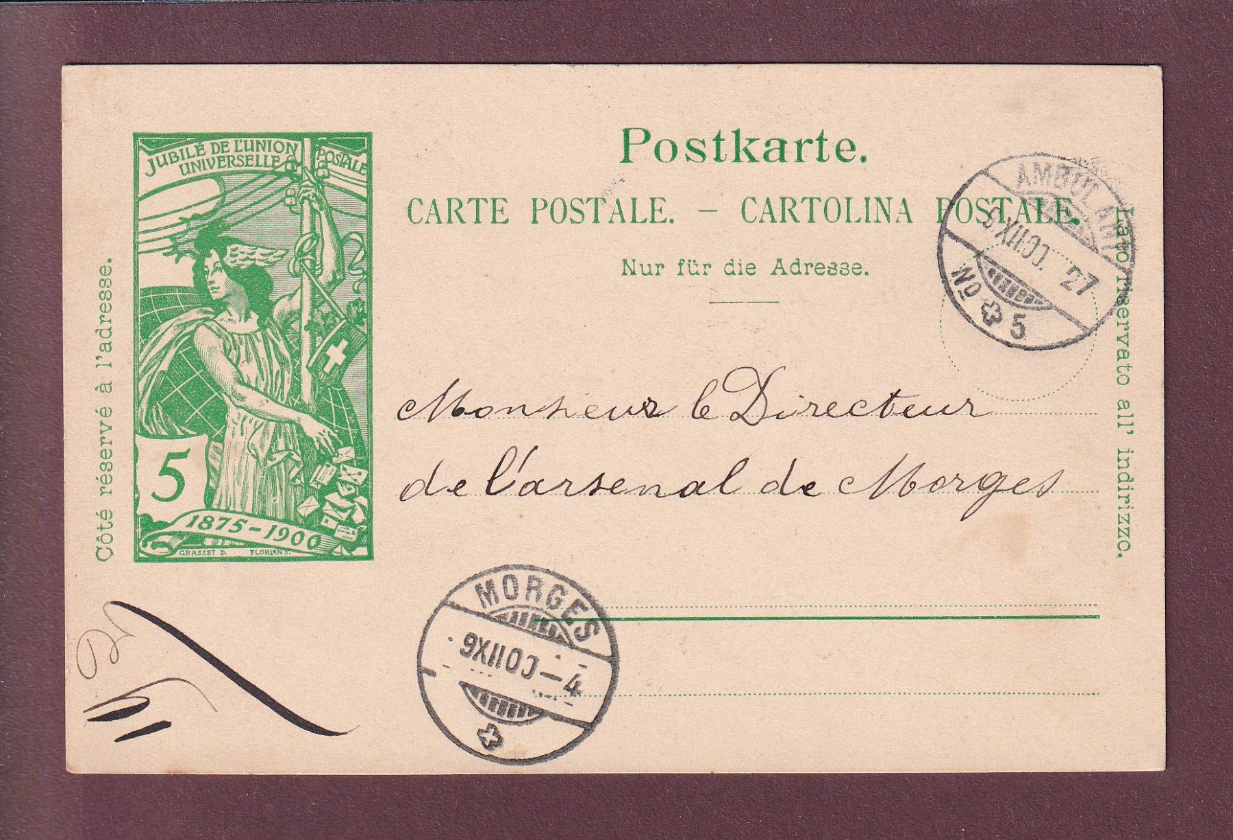 Cartoline postali: Carte préaffranchie UPU - 1900 – Usato da Pully venduto da nicecards