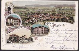 Pratteln farbige Lithografie 4 Bilder Rest. Stohler Consum