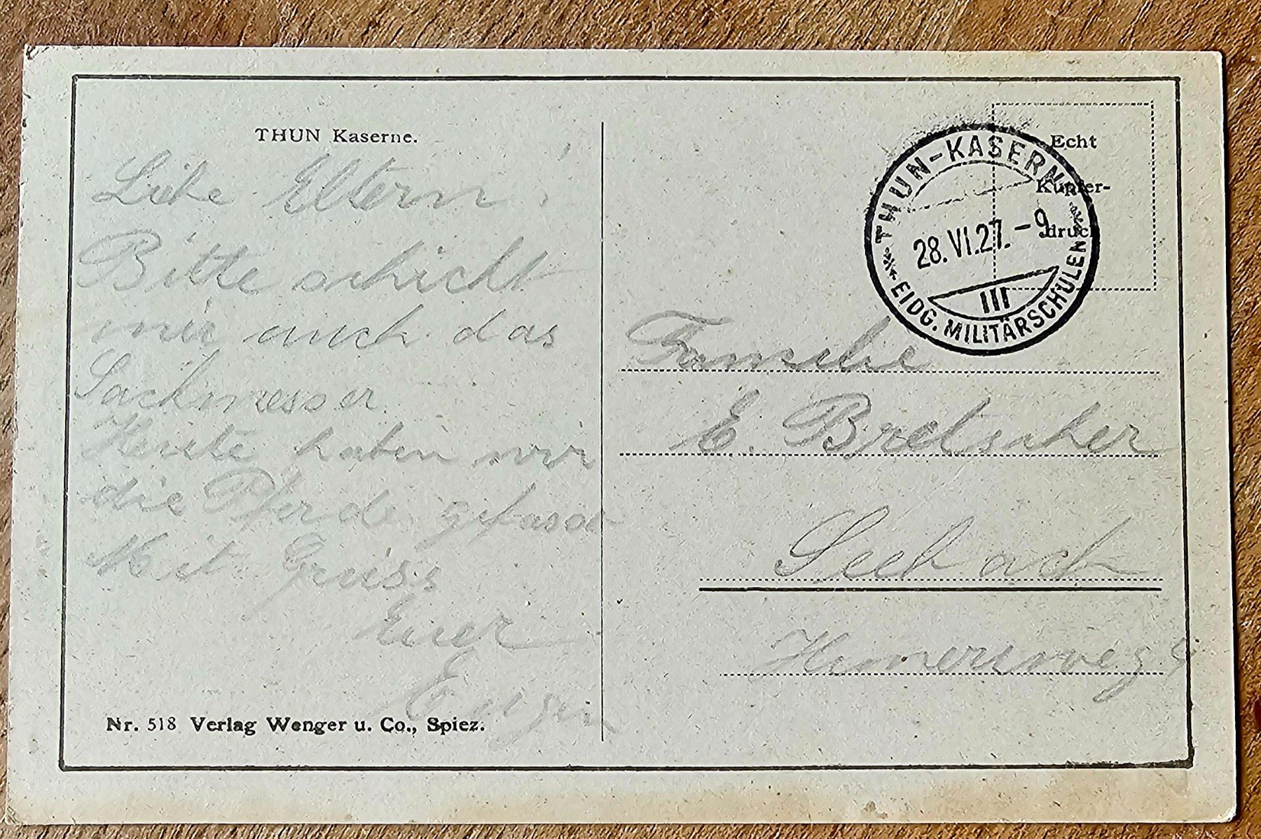 Cartoline postali: AK THUN Kaserne 1927 – Usato da Les Valettes venduto da Nuba1 1