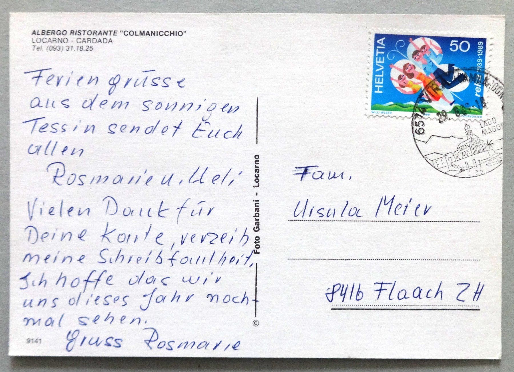 Cartoline postali: Albergo Rist. "Colmanicchio", Locarno-Cardada – Usato da Fétigny venduto da Billy2miny 1