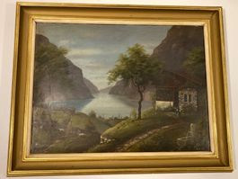 A. Stüker 1923 Landschaftsgemälde signiert mit See, Hof