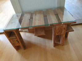 Pallet Tisch mit Glasplatte Holztisch Beistelltisch, Unikat